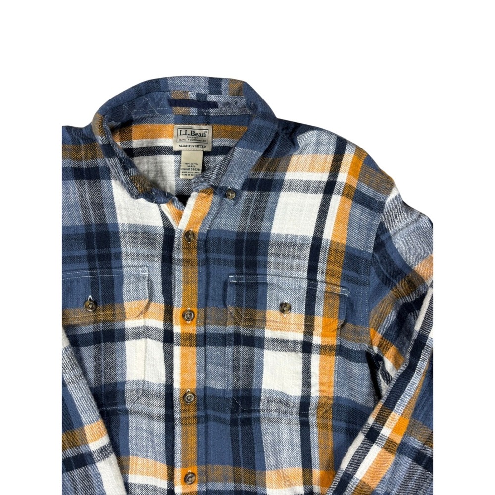 LL Bean Mens Flannel Shirt Blue Orange Plaid Slightly Fitted Cotton M-REG 520381